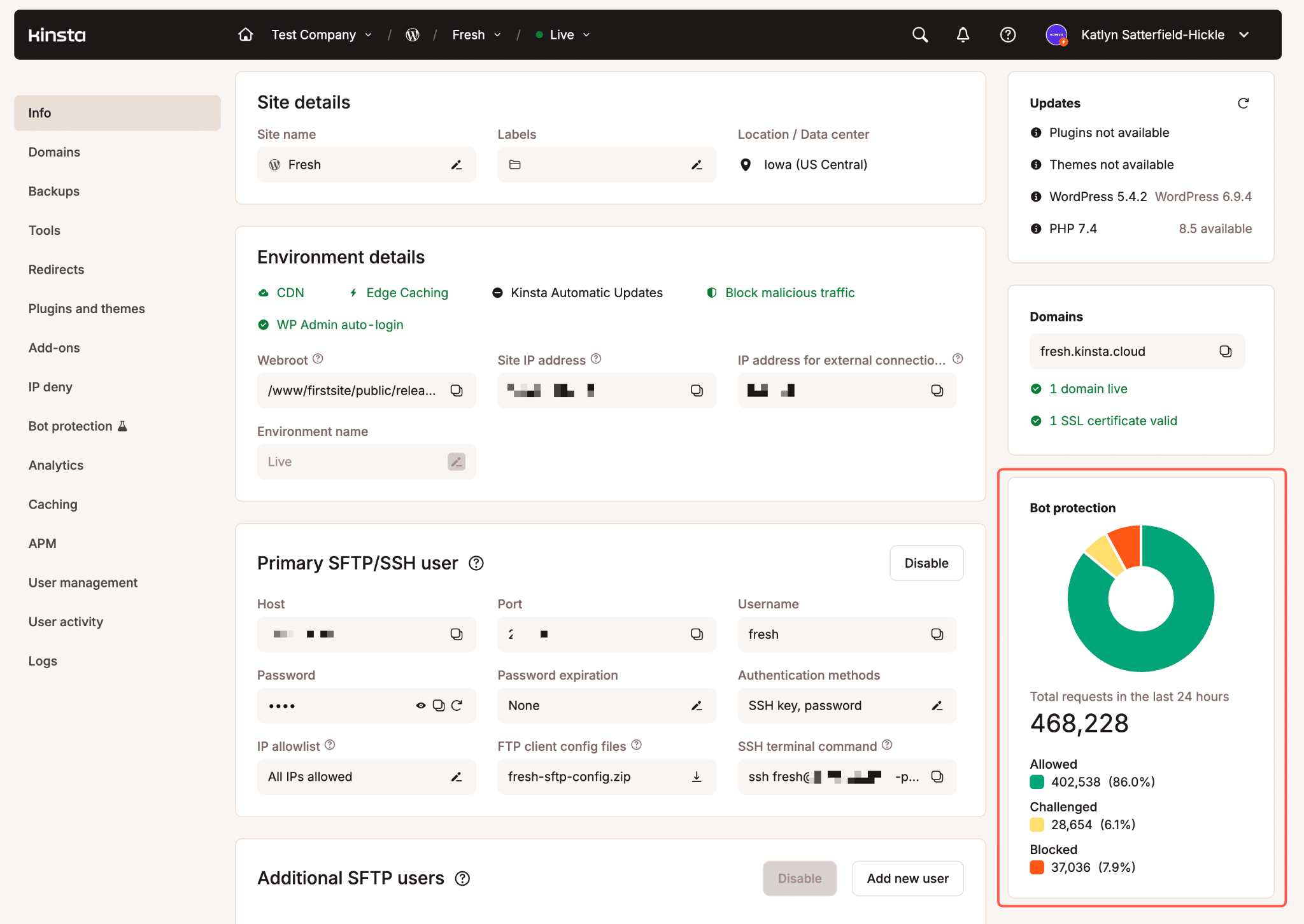 Il widget di protezione bot nella pagina Informazioni sul sito