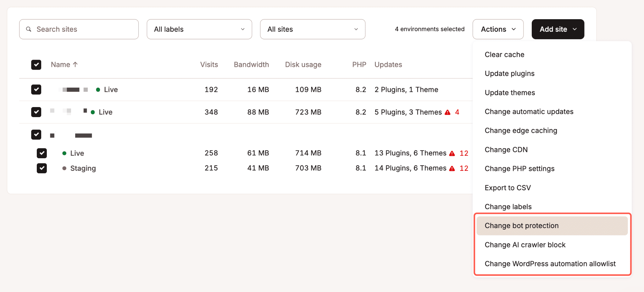 Modificare in blocco le impostazioni di protezione dai bot in Mykinsta