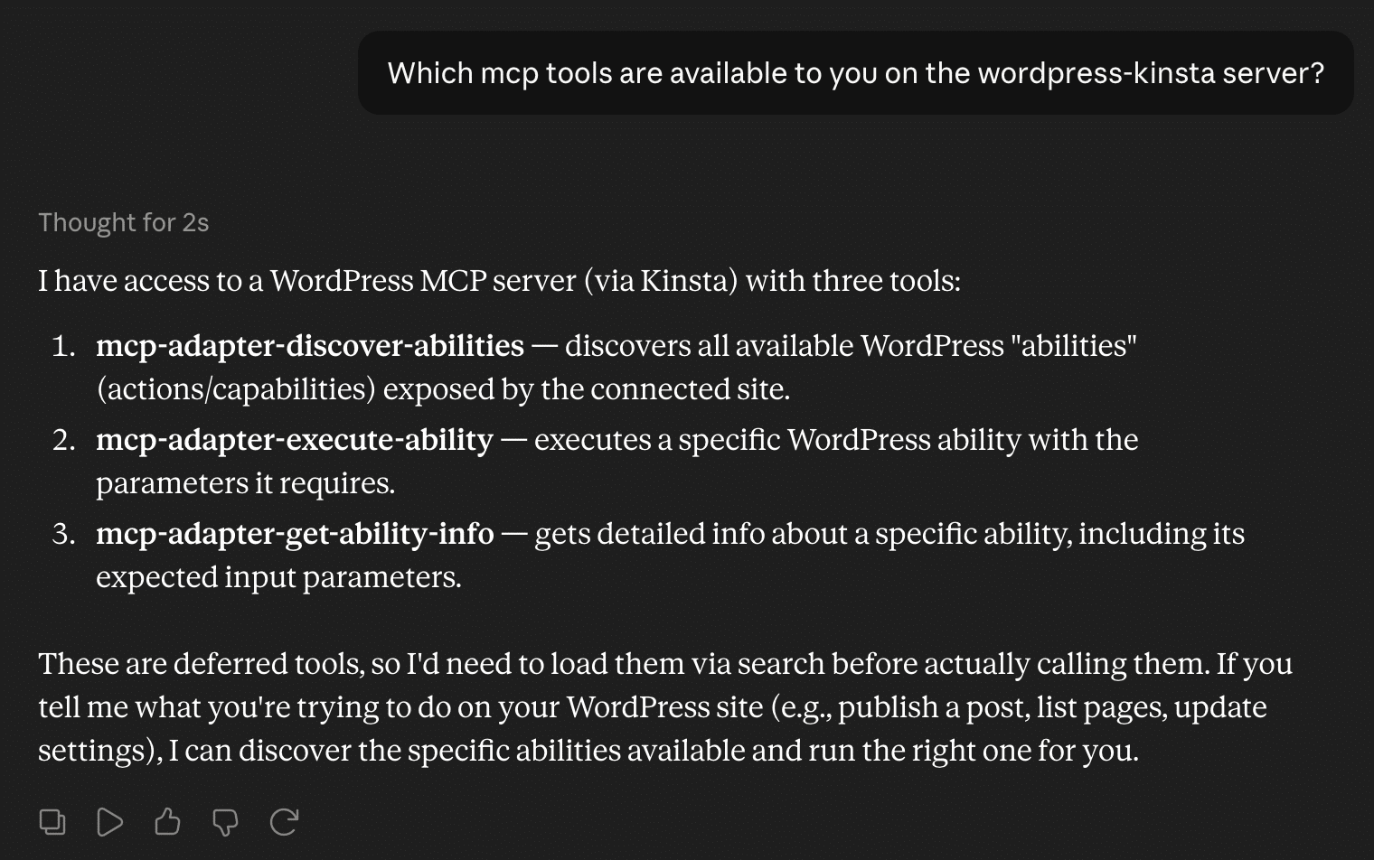 Claude Desktop répertorie les outils disponibles sur le serveur MCP.