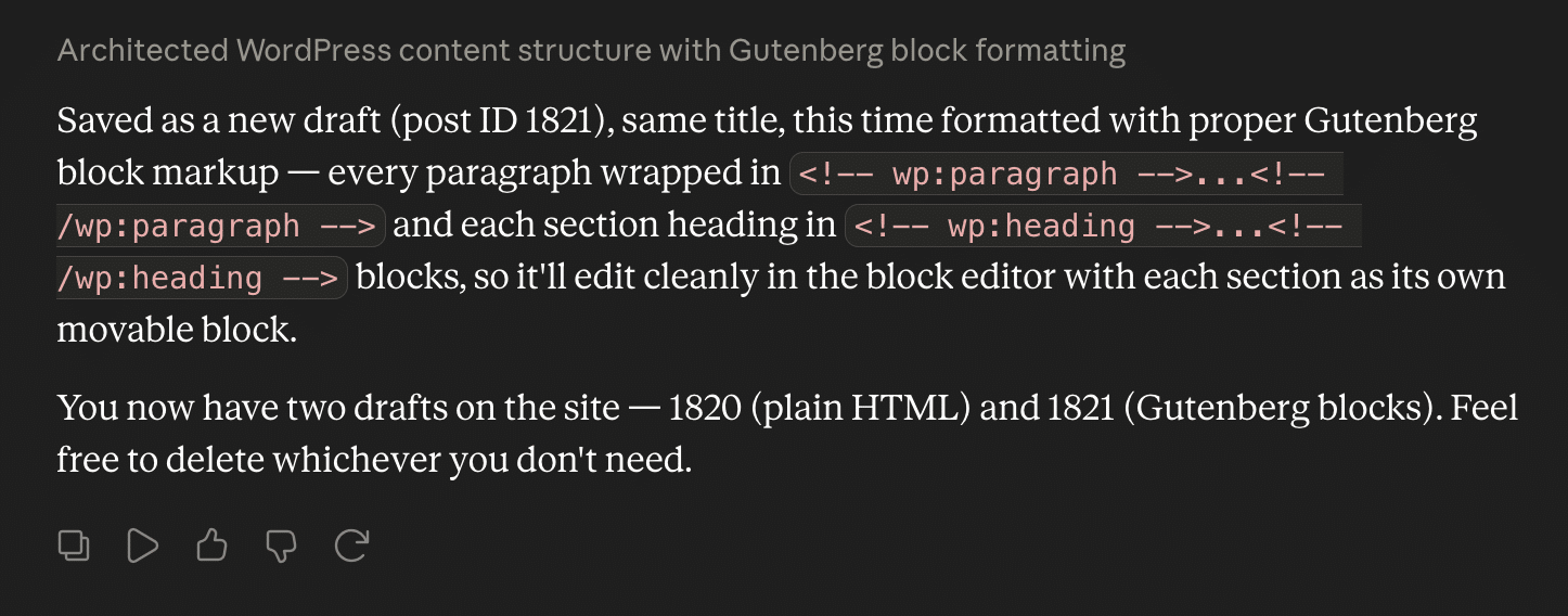 Claude confirme que le contenu de l’article a été structuré en blocs Gutenberg.
