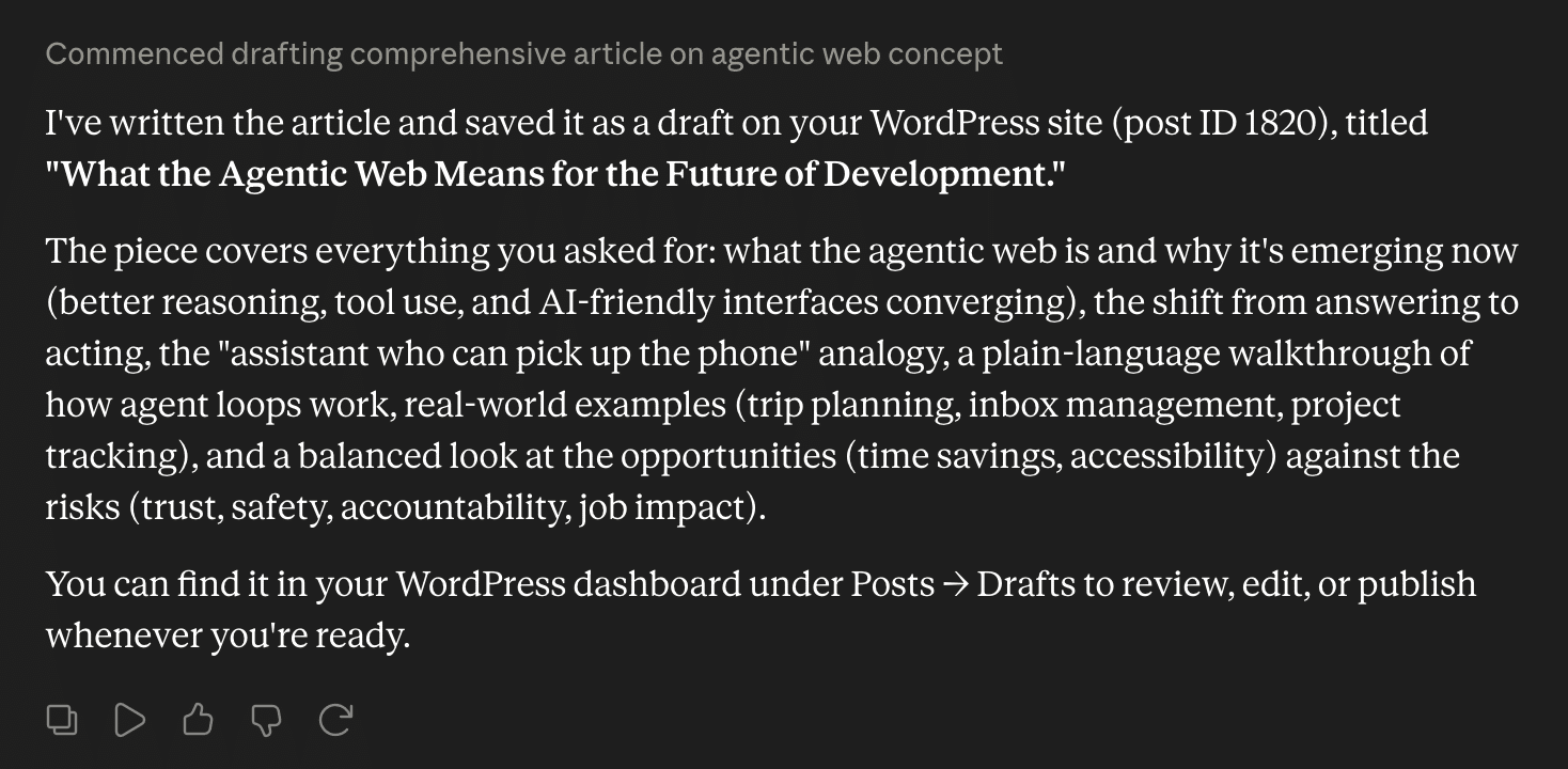 Claude confirme la création du brouillon d’article