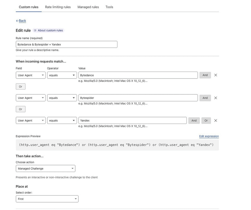 Regole personalizzate di Cloudflare