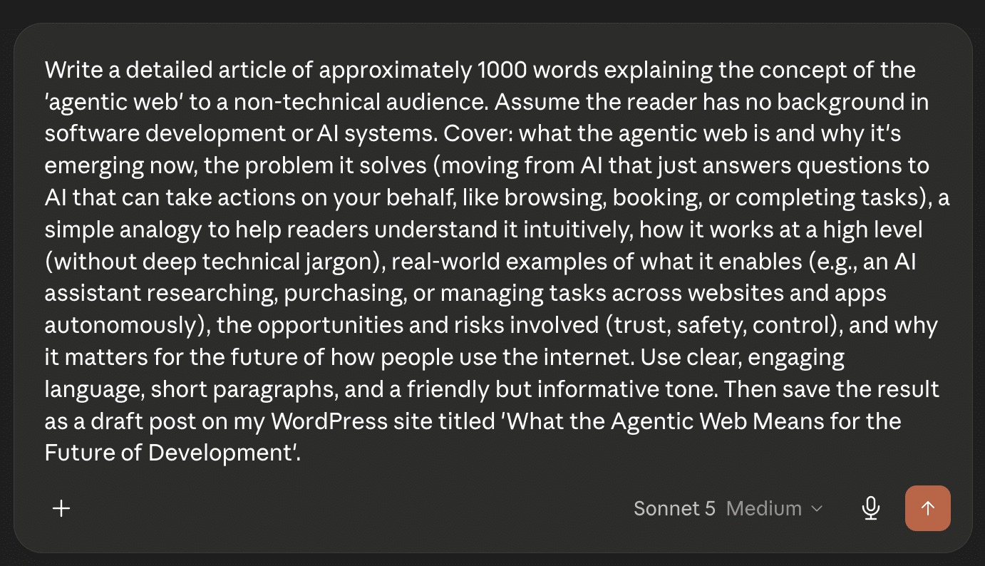 Exemple d’invite demandant la génération d’un brouillon sur un site WordPress
