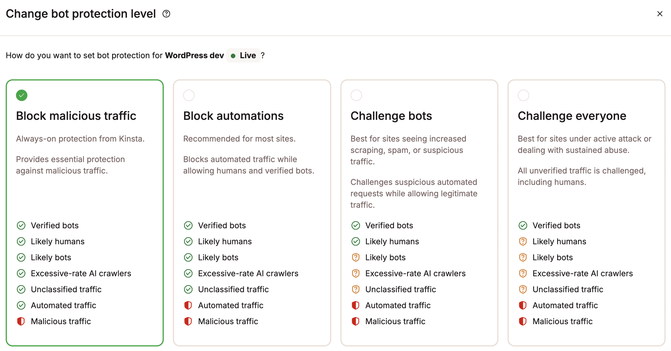 Alterar o nível de proteção contra bots no MyKinsta.