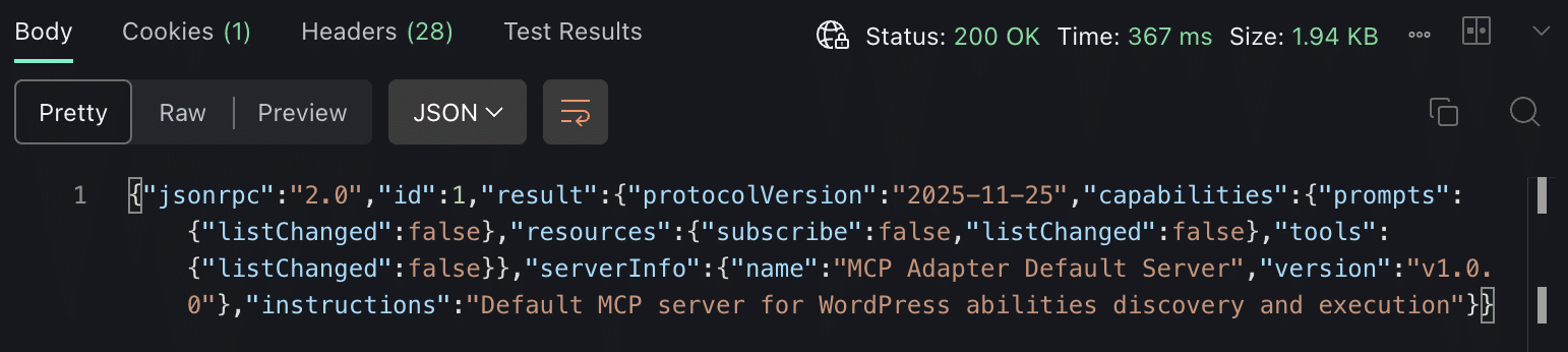 Le corps de la réponse du serveur MCP dans Postman