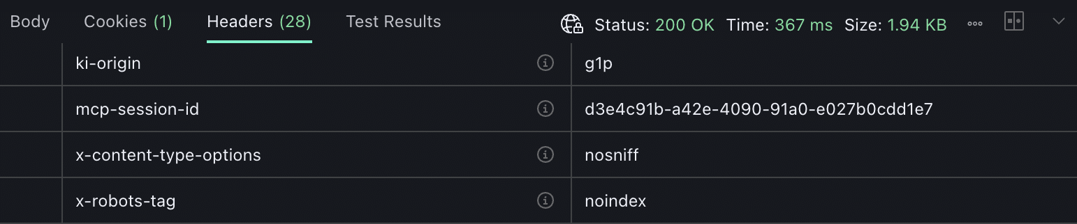 Les en-têtes de la réponse du serveur MCP dans Postman