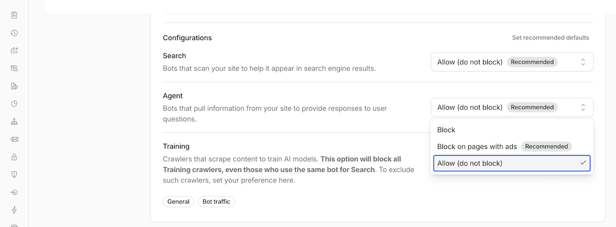 Controles de tráfego do Cloudflare mostrando Search, Agent e Training como três categorias de IA que podem ser ativadas ou desativadas de forma independente.