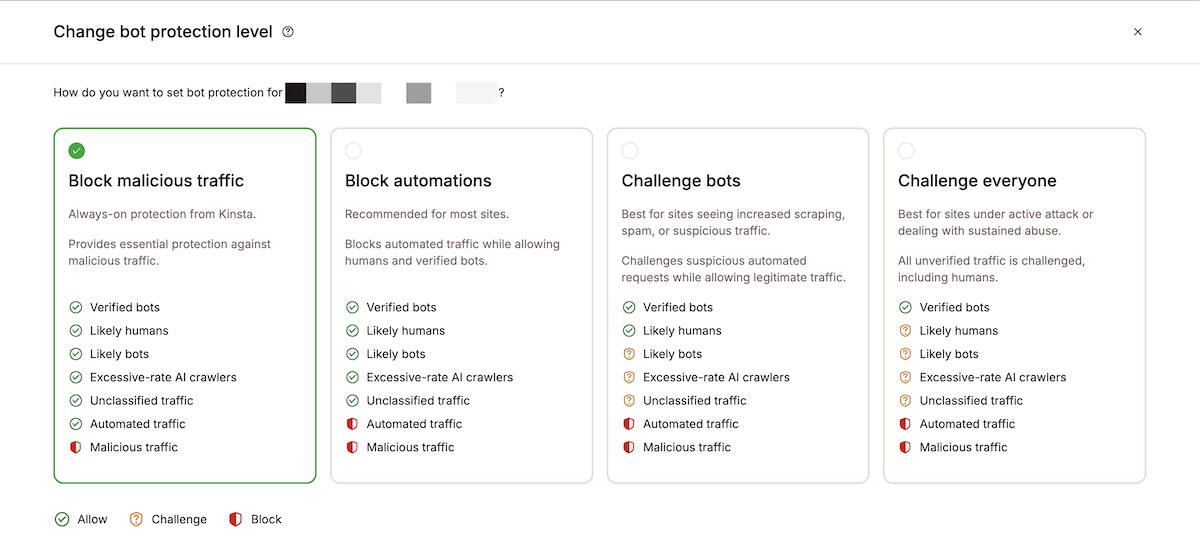 A tela Proteção contra Bots do MyKinsta mostrando os quatro níveis de proteção disponíveis para um site.