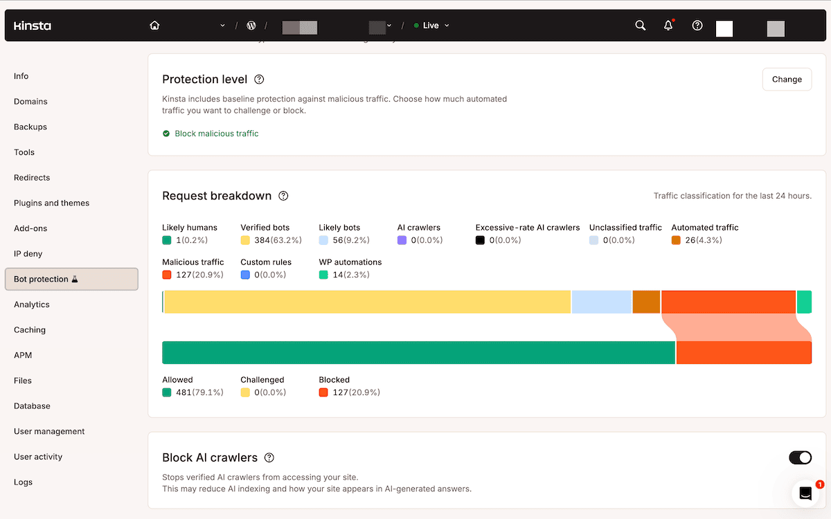 Het paneel Beschermingsniveau in MyKinsta met de selecteerbare instellingen en de firewallstatus op basis van Cloudflare.