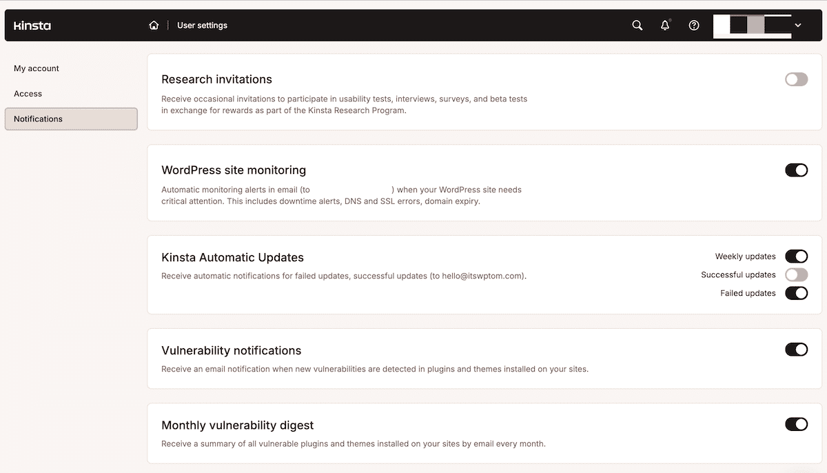 O botão para ativar ou desativar as notificações de monitoramento do site fica na tela “Configurações do usuário” do MyKinsta.