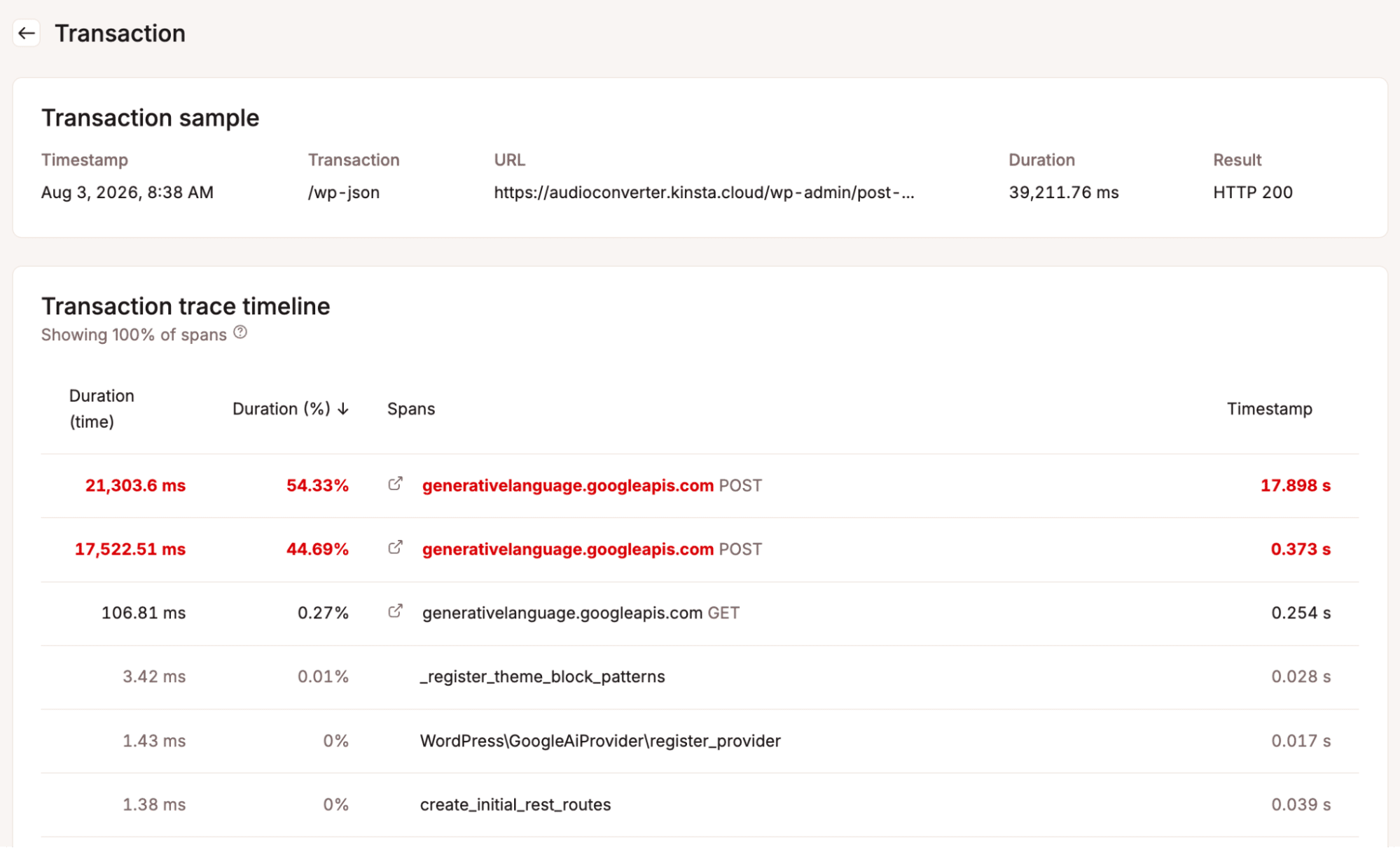 Uno screenshot dello strumento APM di Kinsta