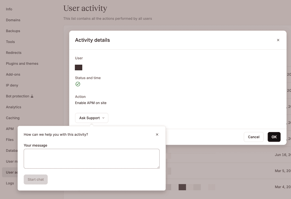 Een afzonderlijk item onder Gebruikersactiviteit uitgeklapt in MyKinsta, met de details en de optie om er support over te vragen.