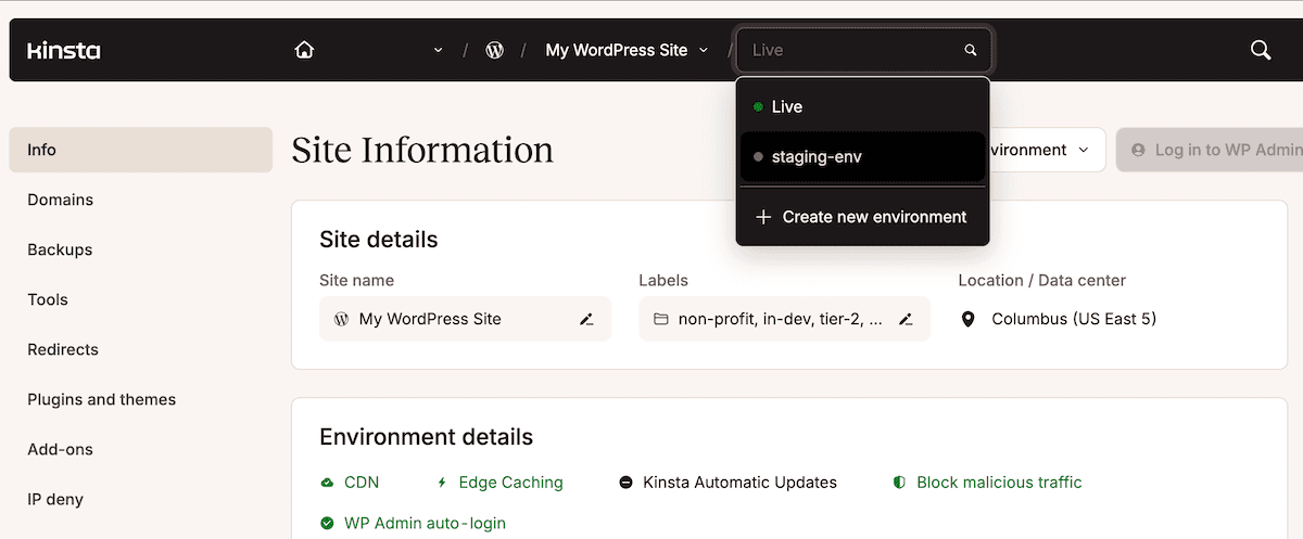 The MyKinsta dashboard showing a drop-down of different environments (including staging), and an option to create a new environment.
