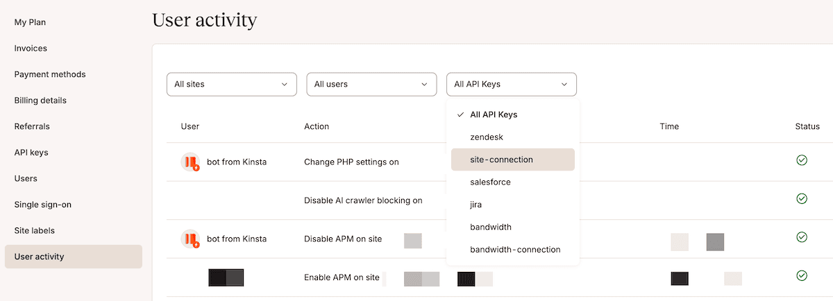 The MyKinsta User activity screen showing a drop-down menu of API keys and associated actions for individual users.