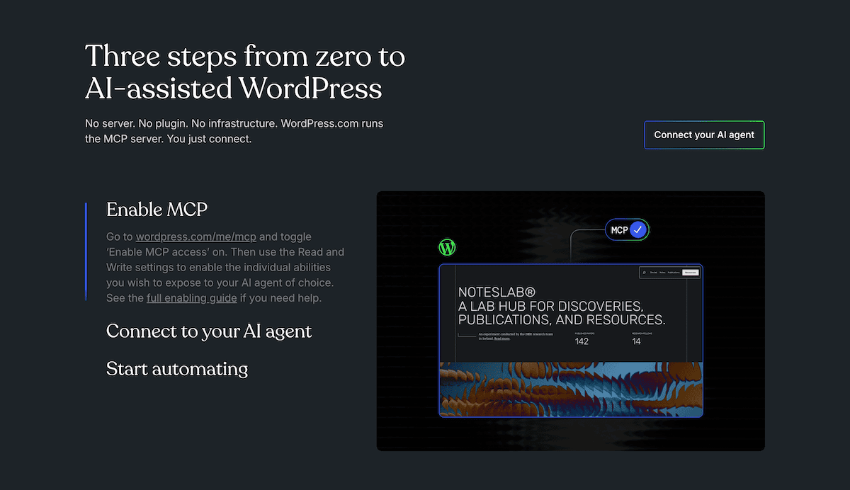 La pagina MCP di WordPress.com che illustra i tre passaggi necessari per collegare un agente AI a un account.