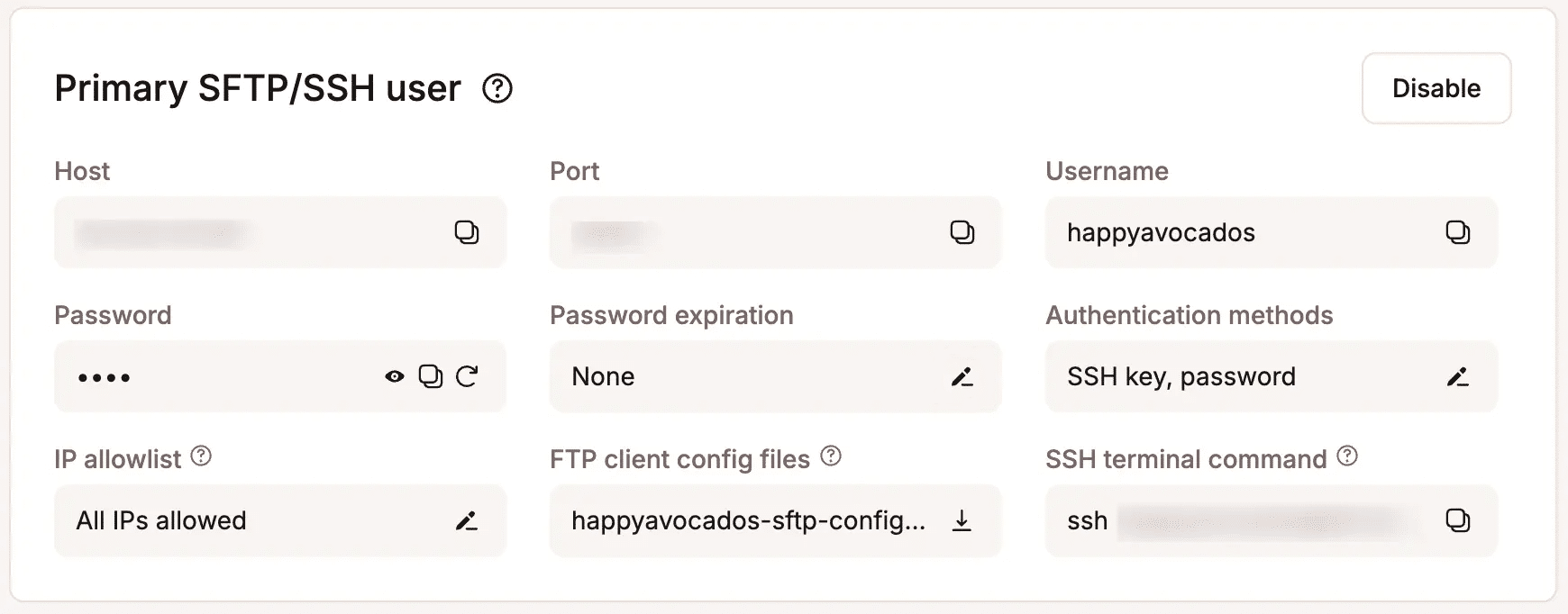 SSH/SFTP access details in the MyKinsta dashboard