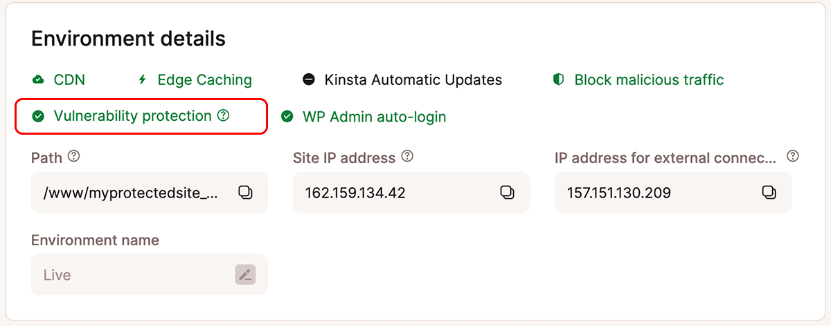 A screenshot of Environment Details information in MyKinsta with the status of Vulnerability Protection highlighted.