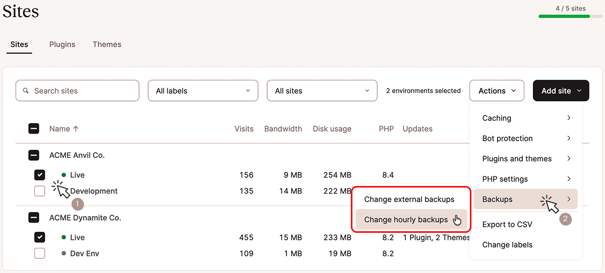 A screenshot of the Sites page in MyKinsta with the Actions menu highlighting backup options.