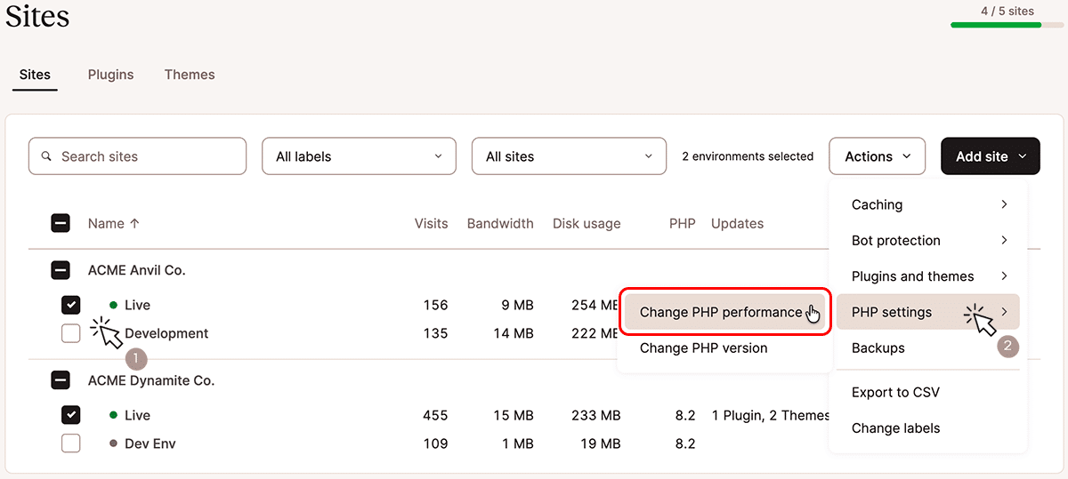 A screenshot of the Sites page in MyKinsta with the Actions menu highlighting PHP settings options.
